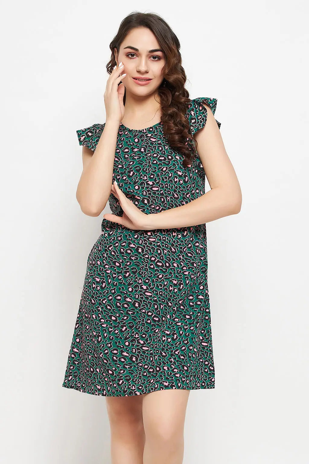 Animal Print Short Night Dress in Green - Rayon