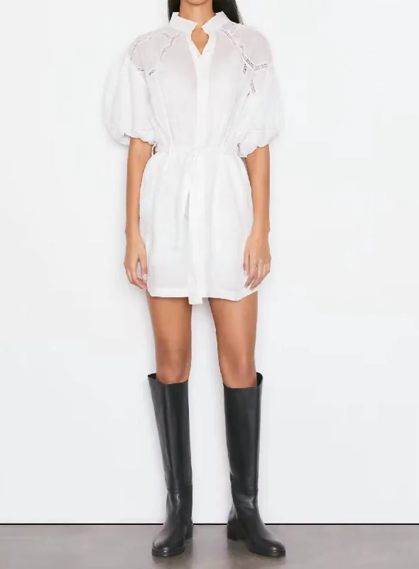 Inset Lace Puff Sleeve Dress In Blanc