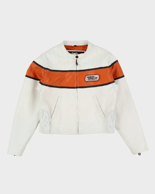 Vintage 90s Harley Davison White / Orange Leather Biker Jacket - L Cotton Jacket Linen Jacket Terry Jacket