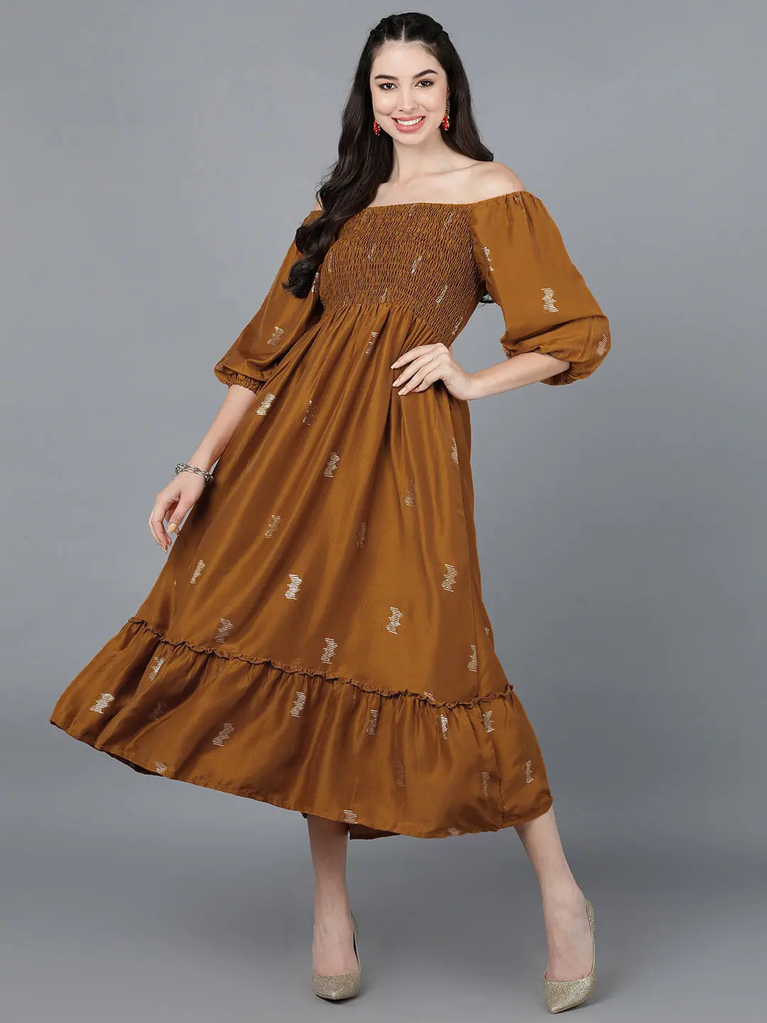 Ahika Women Mustard Poly Silk Embellished Dress