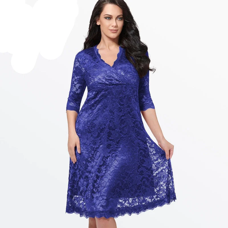 Lace Dress Women V-Neck Half Sleeve A-line Party gown Knee-Length large size dress Plus Size Lace Dresses Lace Dress Women V-Neck Half Sleeve A-line Party gown Knee-Length large size dress Plus Size Lace Dresses