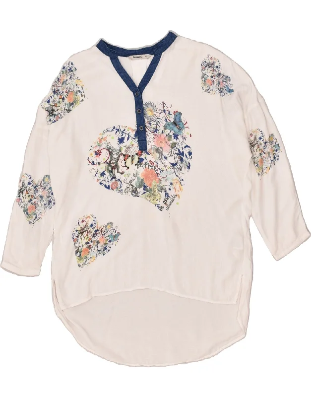 DESIGUAL Womens 3/4 Sleeve Pullover Shirt UK 6 XS Off White Floral Viscose Asymmetrical Hem Sweater DESIGUAL Womens 3/4 Sleeve Pullover Shirt UK 6 XS Off White Floral Viscose Asymmetrical Hem Sweater