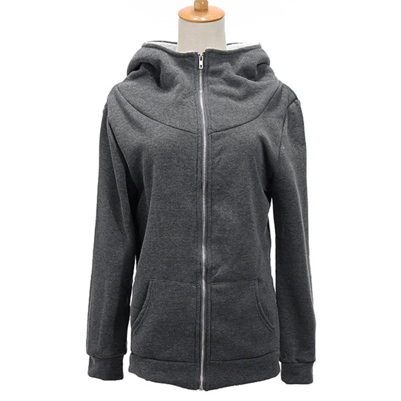 Women Ladies Winter Warm Zip Up Thick Fleece Black/Grey Outerwear Hooded Sweatshirt Hoodies Coat Jacket Nylon Fabric Polyester Fabric Spandex Fabric