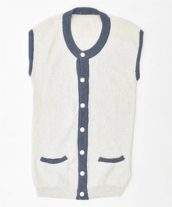 VINTAGE Womens Sleeveless Cardigan Sweater UK 16 Large White Colourblock Boxy Cardigan Fitted Cardigan A-Line VINTAGE Womens Sleeveless Cardigan Sweater UK 16 Large White Colourblock Boxy Cardigan Fitted Cardigan A-Line