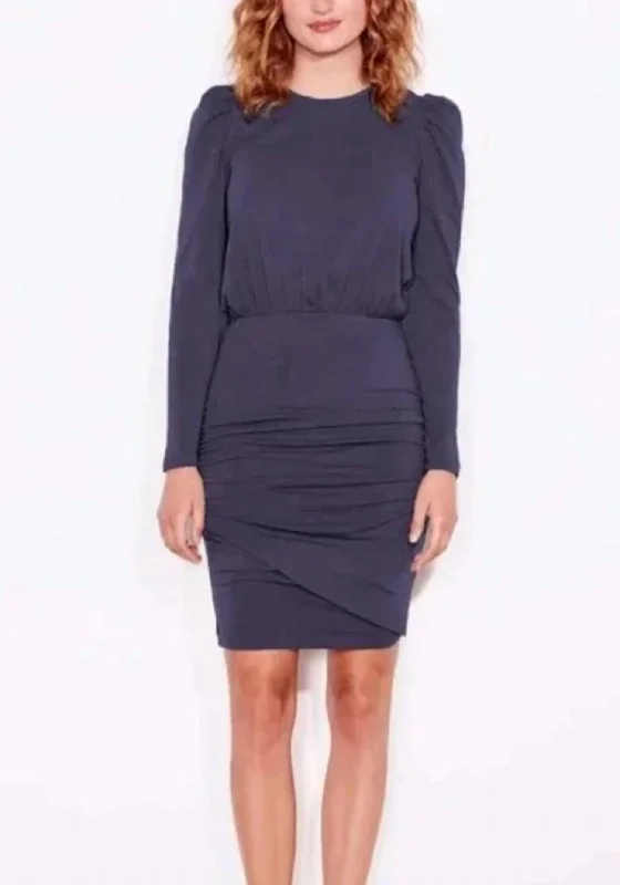 Puff Sleeve Shirred Dress In Navy