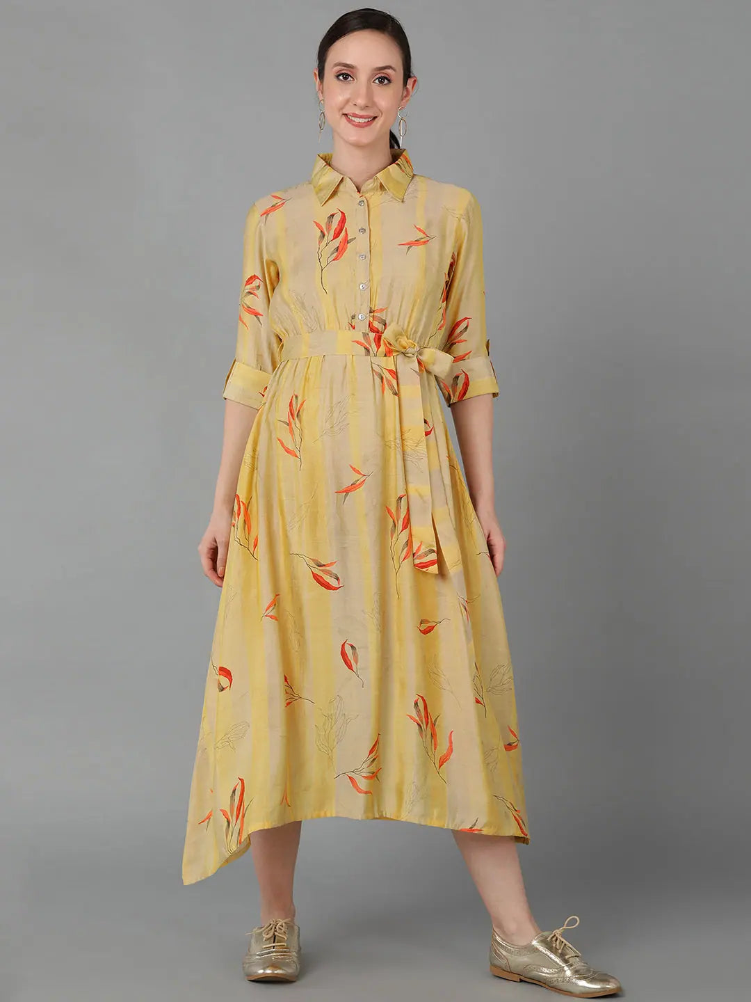 Ahika Women Yellow Polyester Striped Dresses
