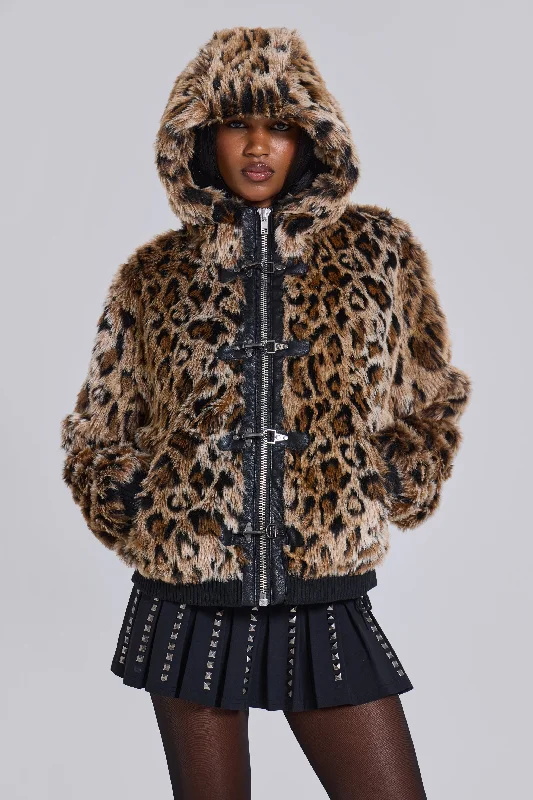 Leopard Faux Fur Hooded Mendoza Jacket Zip Front Button Front Snap Front