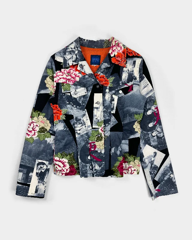 Kenzo Pleated Printed Trucker Jacket 1990's Mesh Jacket Canvas Jacket Denim Jacket