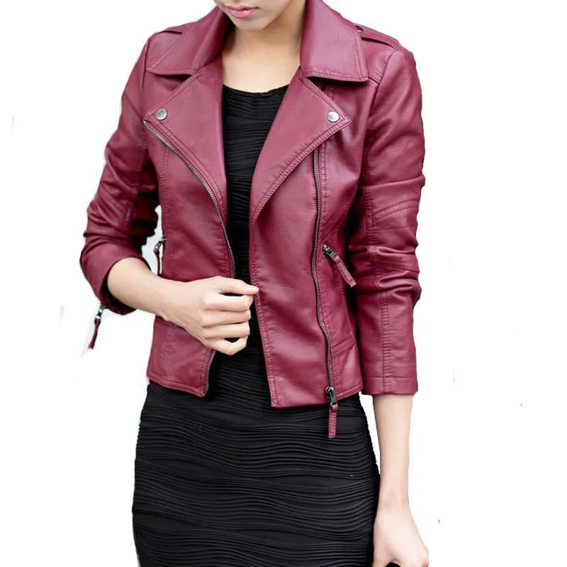 Women Leather Jacket Oblique Zipper Motorcycle Trendy Casual Faux Leather Solid Color Coat Plus Size 4XL Denim Jacket Leather Jacket Suede Jacket