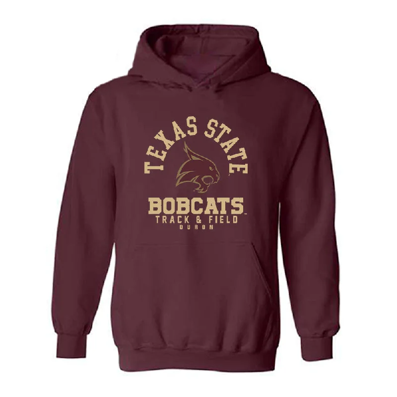 Texas State - NCAA Women's Track & Field : Melanie Duron - Classic Fashion Shersey Hooded Sweatshirt Hoodie with Hem Detail Decorative Unique