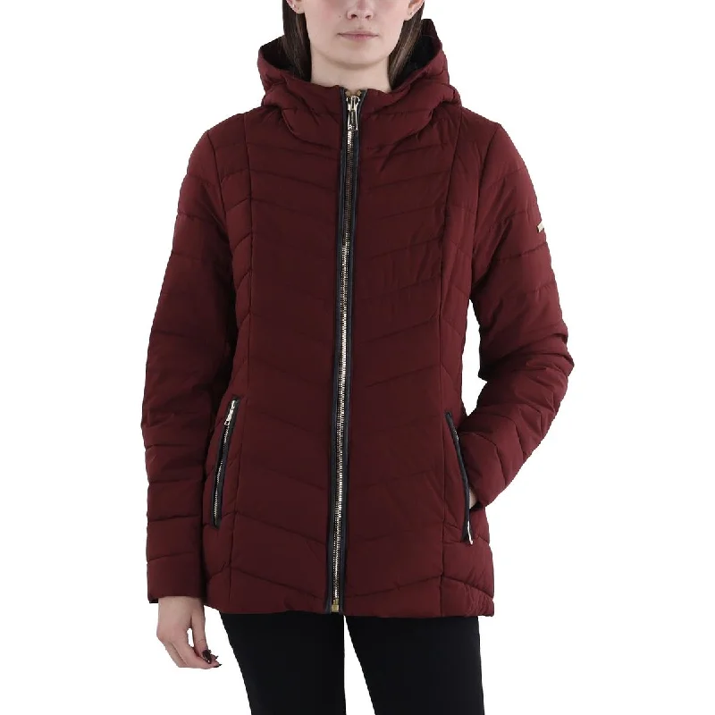Womens Quilted Hooded Puffer Jacket Stand-Up Collar Roll-Neck Collar Turtle Neck