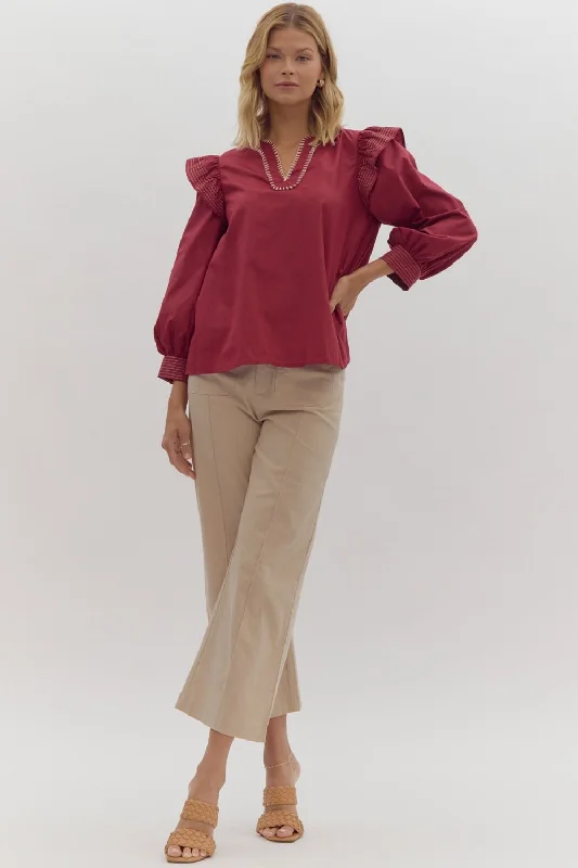 Puff Sleeve Pullover Top W/ Blanket Stitch V-Neck Sabrina Neck Pullover