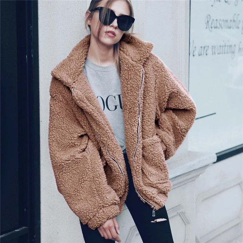 Elegant Faux Fur Coat Women Autumn Winter Thick Warm Soft Fleece Jacket Pocket Zipper Outerwear Overcoat Bear Teddy coat S-3XL Cotton Fabric Linen Fabric Terry Fabric