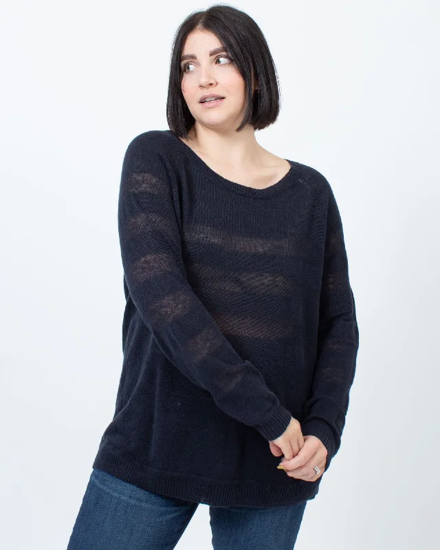 Navy Linen Pullover Sweater Short Puff Sleeve