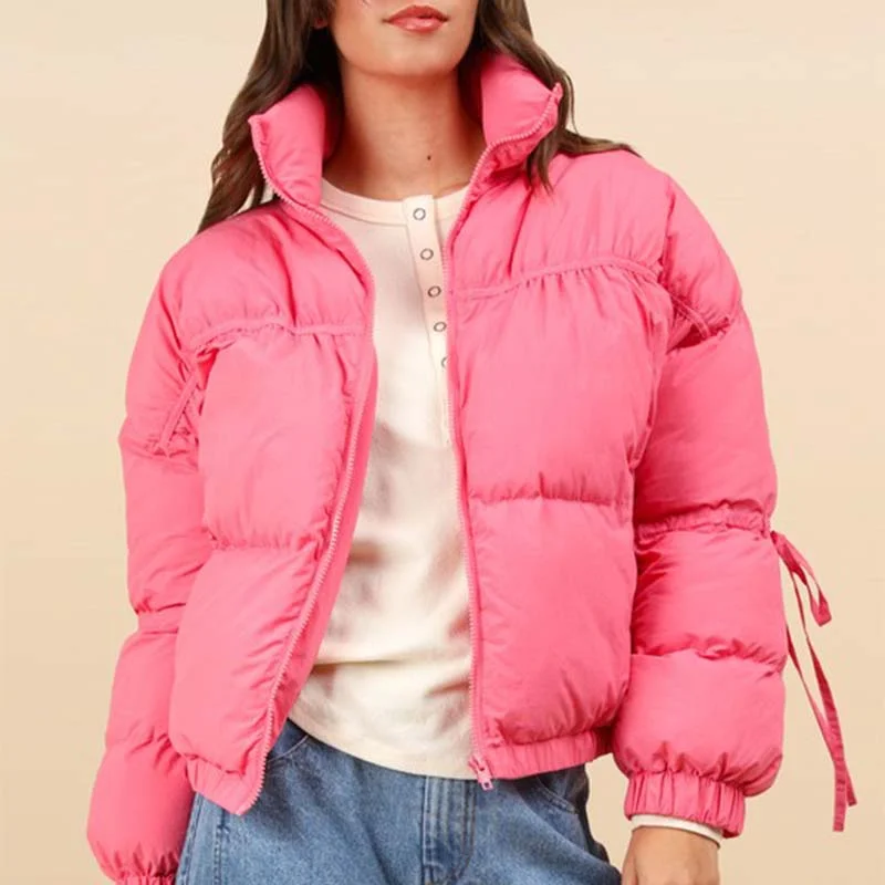 Tie Bow Sleeve Puffer Jacket Knit Fabric Woven Fabric Fleece Fabric