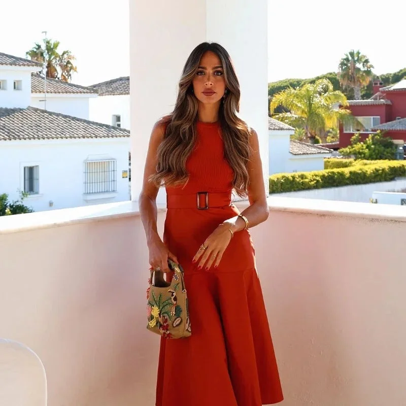 Chic Women's Belted Stitching Dress