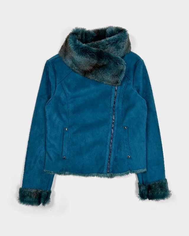 Adolfo Dominguez Blue Fur Cropped Jacket 1990's Herringbone Jacket Checkered Jacket Solid Jacket