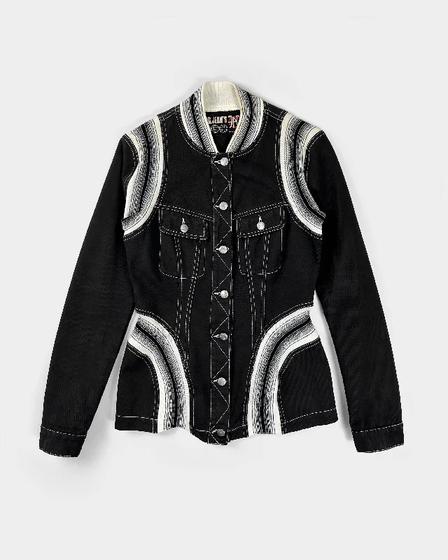 Jean Paul Gaultier Black & White Denim Jacket 1990's Tiered Jacket Buttoned Jacket Zippered Jacket