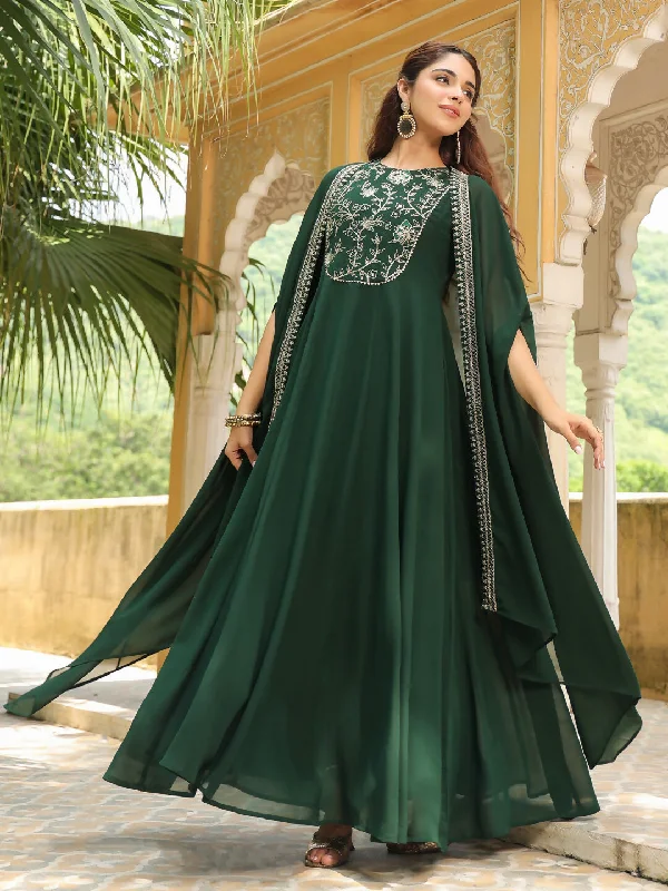 Janasya Dark Green Georgette Embroidered Dress & Jacket Lace Jacket Ribbed Jacket Sequined Jacket