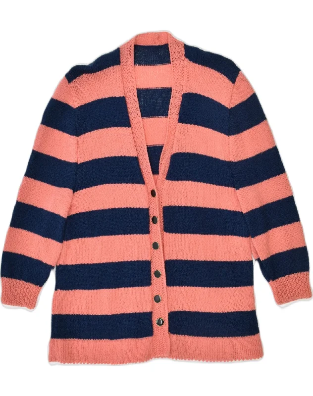 VINTAGE Womens 3/4 Sleeve Cardigan Sweater UK 16 Large Pink Striped Collared Crew Neck Turtle Neck VINTAGE Womens 3/4 Sleeve Cardigan Sweater UK 16 Large Pink Striped Collared Crew Neck Turtle Neck