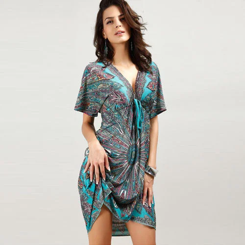 Bohemian Summer Style Women Short Sleeve Deep V Neck Casual Fashion Print Mini Beach Dresses Plus Size Bohemian Summer Style Women Short Sleeve Deep V Neck Casual Fashion Print Mini Beach Dresses Plus Size