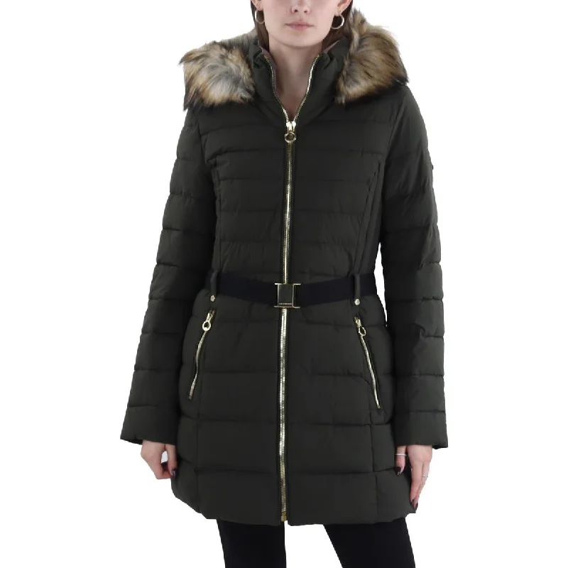 Womens Faux Fur Trim Hooded Puffer Jacket Boat Neck Shawl Collar Notched Collar