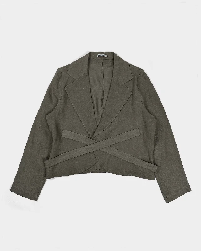 Sarah Pacini Linen Grey Bondage Jacket 1990's Toggled Jacket Drawstring Jacket Belted Jacket