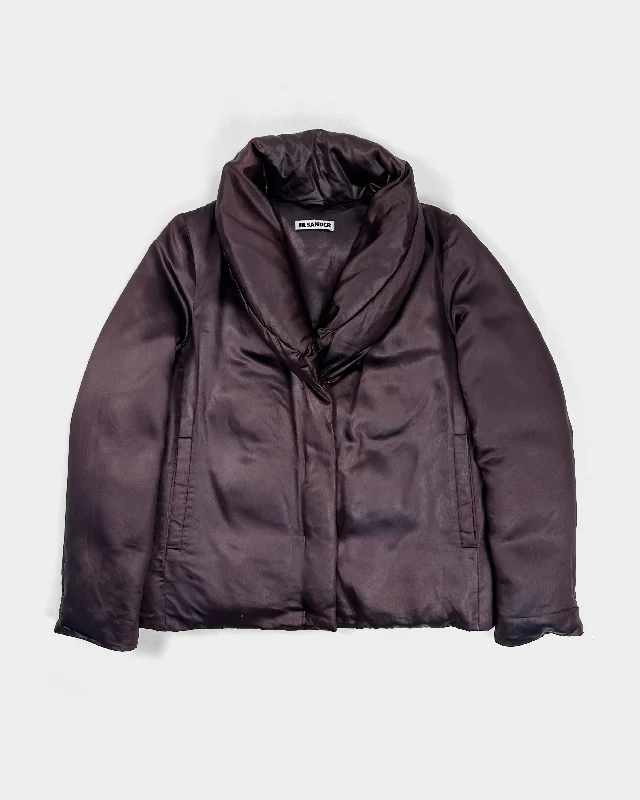 Jil Sander Burgundy Collared Puffer Silk Jacket 2000's Hoodie Zip-Up Jacket Button-Up Jacket
