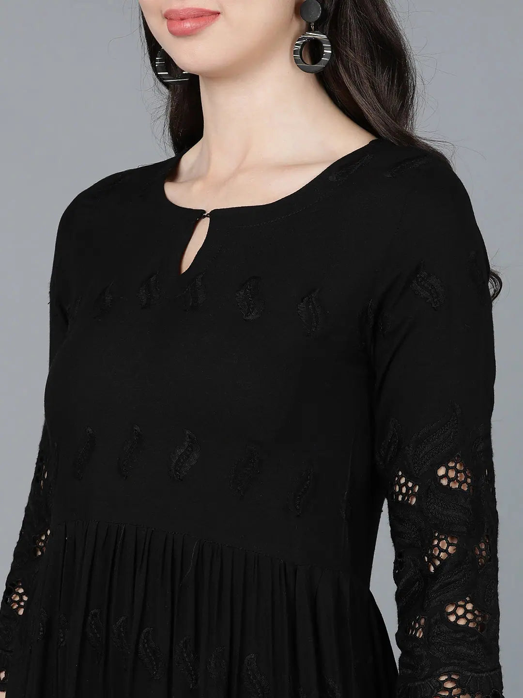 Ahika Women Black Viscose Rayon Embroidered Dress