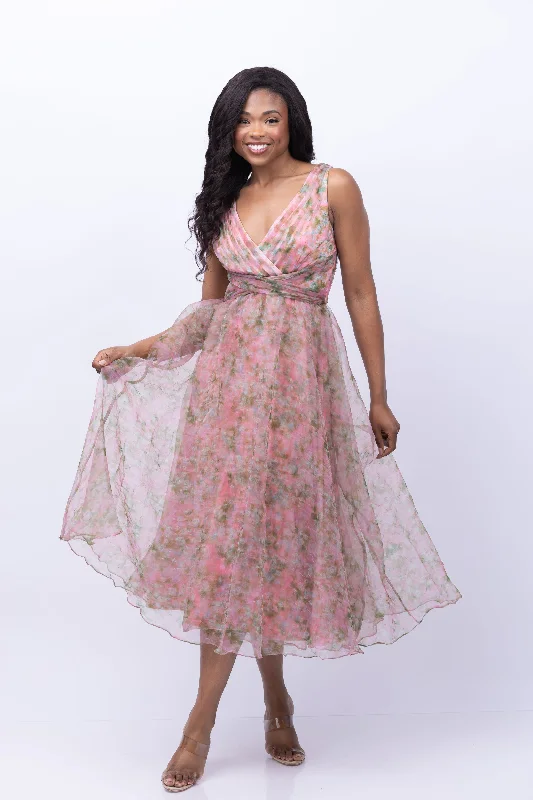 Theia Conner V-Neck Tea Length Dress in Parisian