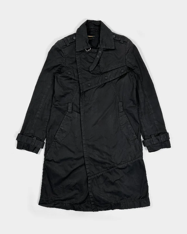 Diesel Utility Black Trench Coat Jacket 2000's Print Jacket Jacquard Jacket Patchwork Jacket