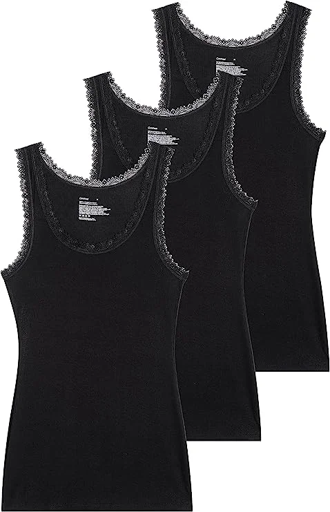 Comfneat Women's 3-Pack Sleepwear Lace Trim Tank Tops Stretchy Undershirts ribbed tank top