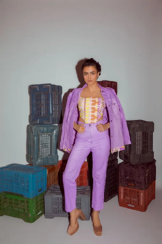 Lilac Denim Jacket with Print detailing Denim Fabric Leather Fabric Suede Fabric
