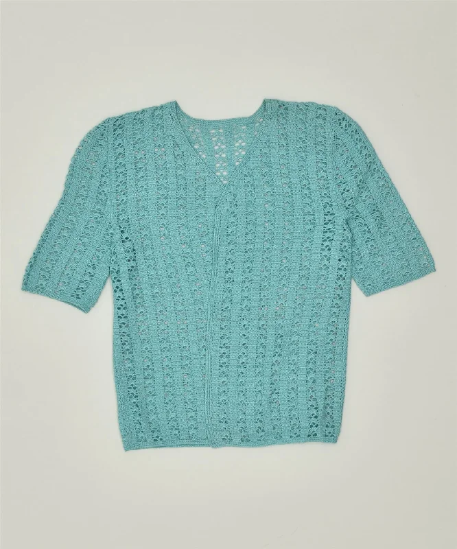 VINTAGE Womens Short Sleeve See Through Cardigan Sweater UK 6 XS Blue Solid Print Embellished VINTAGE Womens Short Sleeve See Through Cardigan Sweater UK 6 XS Blue Solid Print Embellished