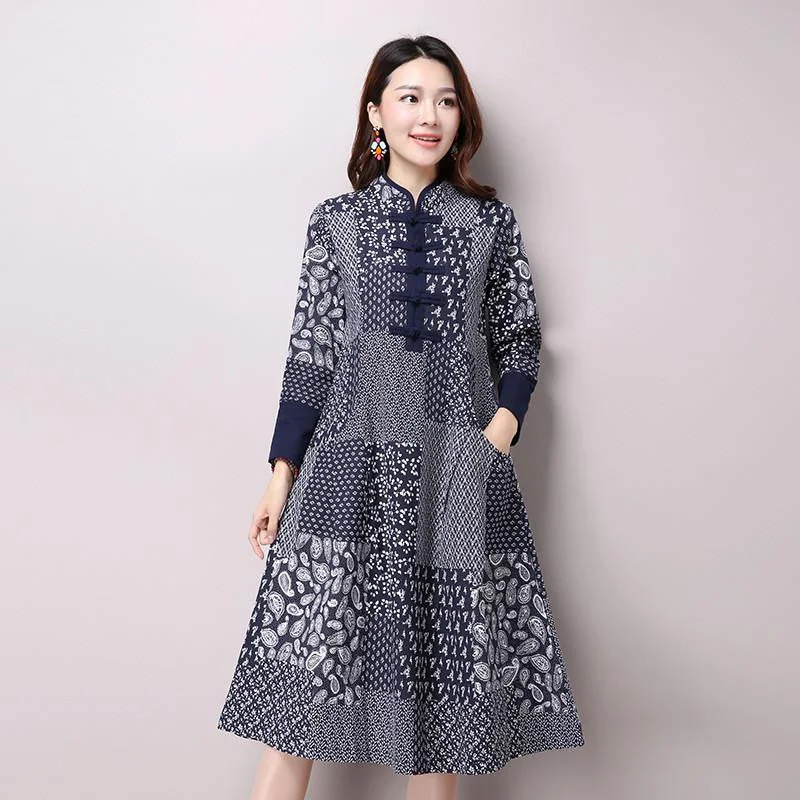 Women's National Wind Casual Long Sleeve Cotton Linen Dress Plus Size Long Linen Dresses Bule Color Floral Print Women's National Wind Casual Long Sleeve Cotton Linen Dress Plus Size Long Linen Dresses Bule Color Floral Print