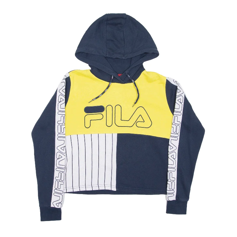 FILA Cropped Colourblock Hoodie Blue Pullover Womens XS Gathered Sleeve Pullover
