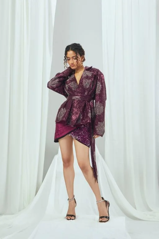 Gleam Sequin Belted Jacket Zippered Front Buttoned Front Snap Front