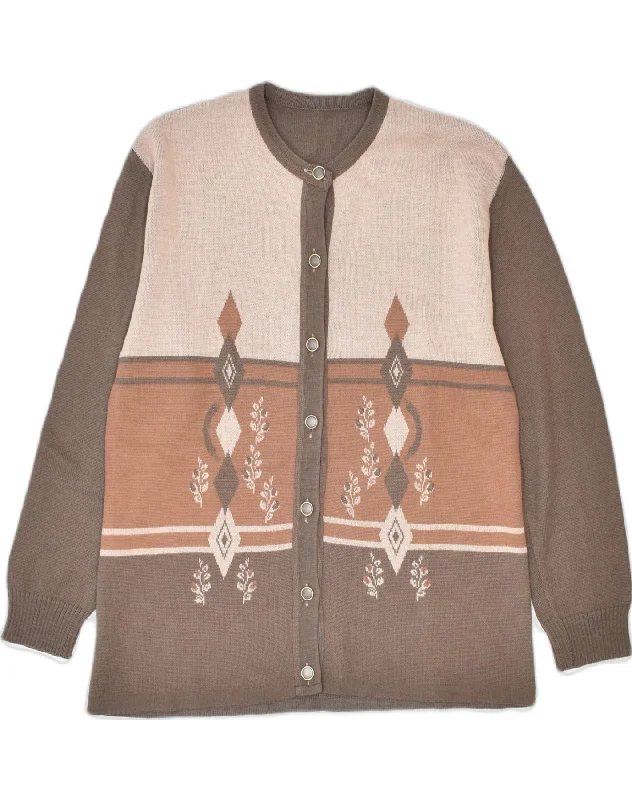VINTAGE Womens Cardigan Sweater UK 14 Large Brown Colourblock Zippered Front Buttoned Front Snap Front