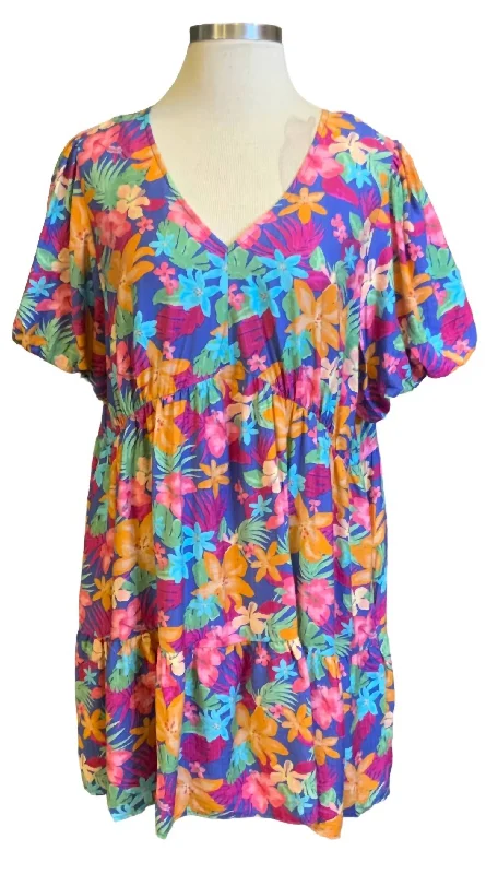 Women's Paris Bubble Sleeve Tropical Dress - Plus In Blue