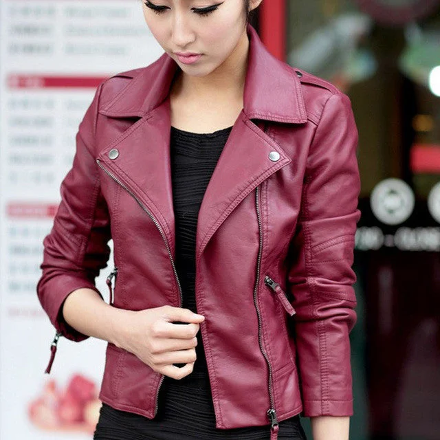 New Spring Women Leather Jacket Red Black PU Plus Size Jackets Insulated Jacket Fitted Jacket Loose Jacket