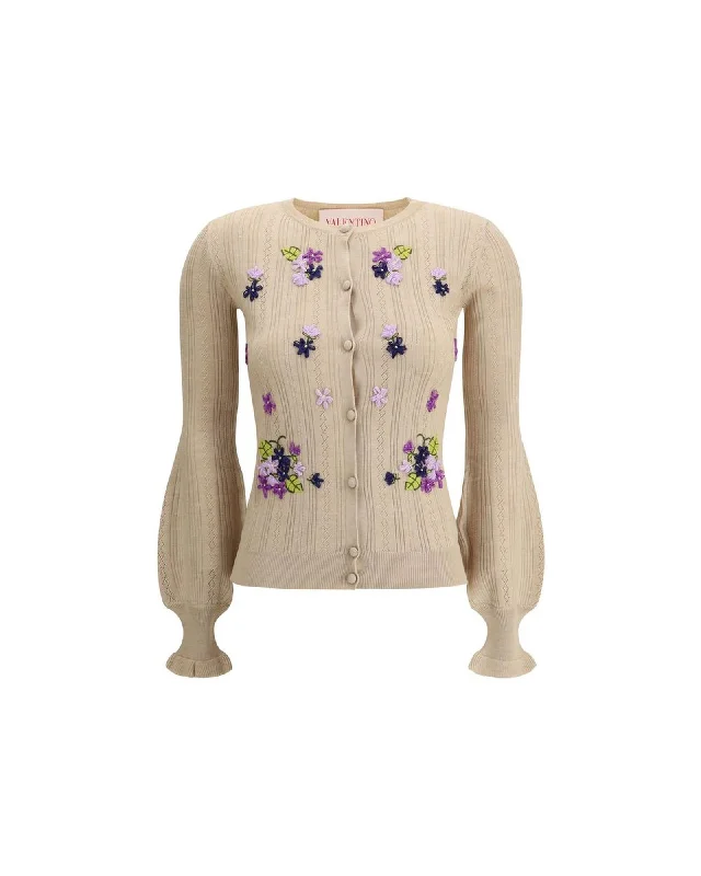 Valentino Pap Embroidered Floral Balloon Sleeve Cardigan Solid Color Striped Floral Print Valentino Pap Embroidered Floral Balloon Sleeve Cardigan Solid Color Striped Floral Print