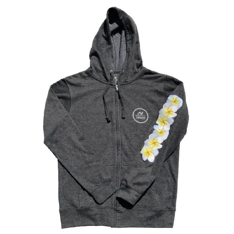 Women's Plumeria Zip Hoodie (Charcoal Heather) Hoodie with Mock Neck Collared Structured Women's Plumeria Zip Hoodie (Charcoal Heather) Hoodie with Mock Neck Collared Structured