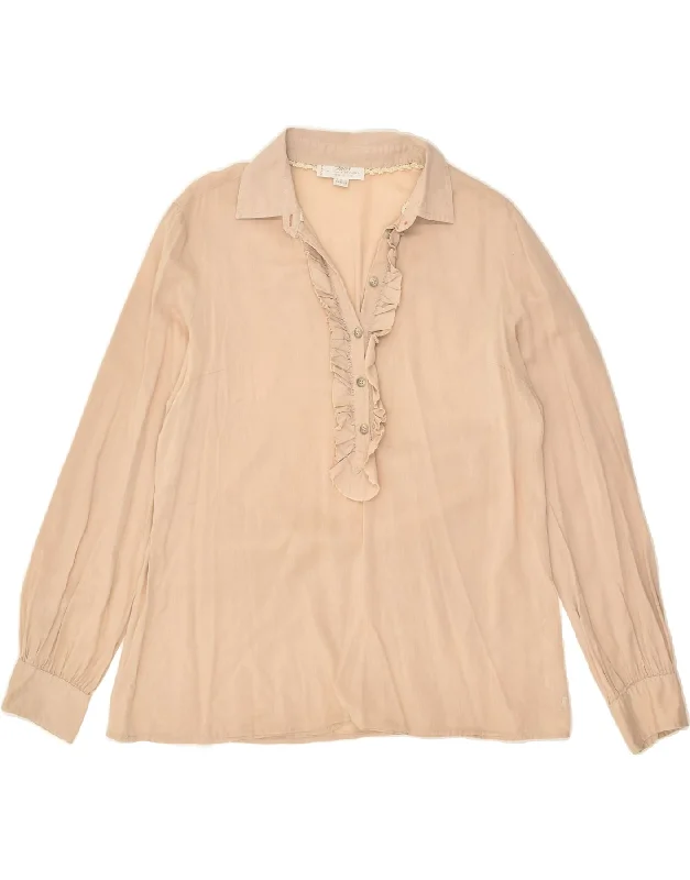 MARLBORO CLASSICS Womens Ruffle Front Pullover Shirt IT 44 Medium Brown Thin Wool Pullover