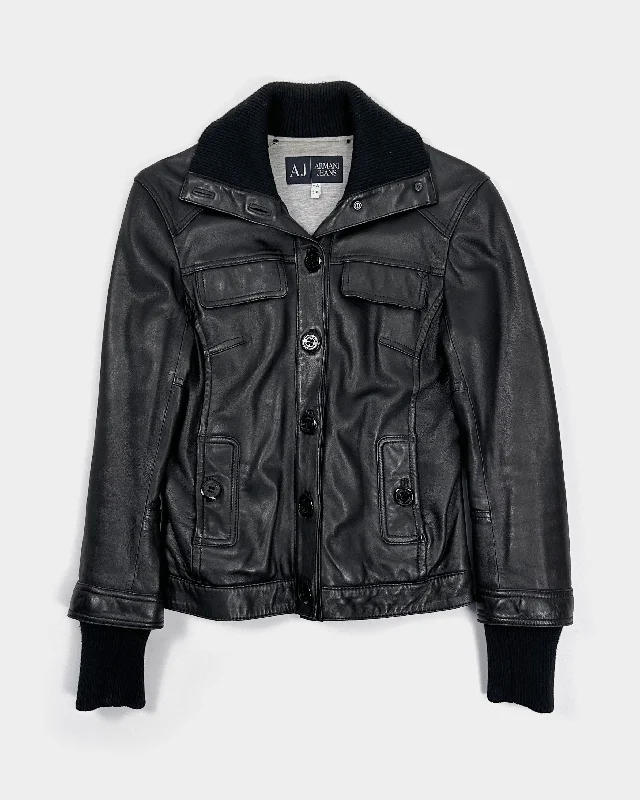 Armani Buttoned Black Leather Collared Jacket 2000's One-Shoulder Jacket Off-the-Shoulder Jacket Asymmetrical Jacket