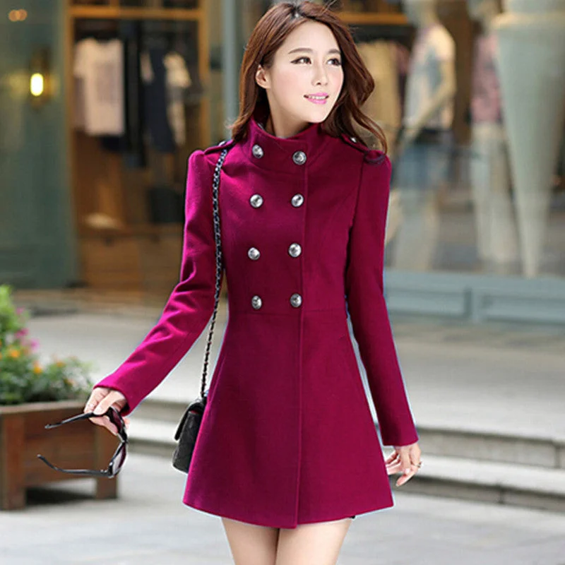 Plus Size Women A-line Skirt Coat Double Breasted Slim Medium-Long Solid Color Trench Coats Female Jackets Front Pockets Side Pockets Patch Pockets