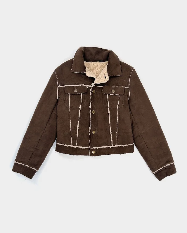 Roberto Cavalli Brown Distressed Sherpa Jacket 1990's Herringbone Jacket Houndstooth Jacket Plaid Jacket