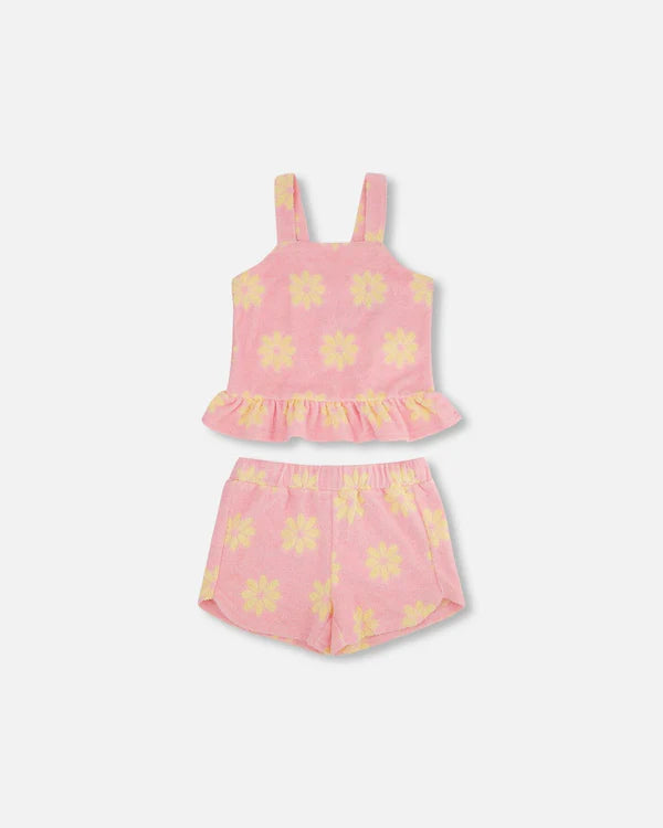 Terry Cloth Tank Top And Short Set- Pink Printed Daisies peach tank top