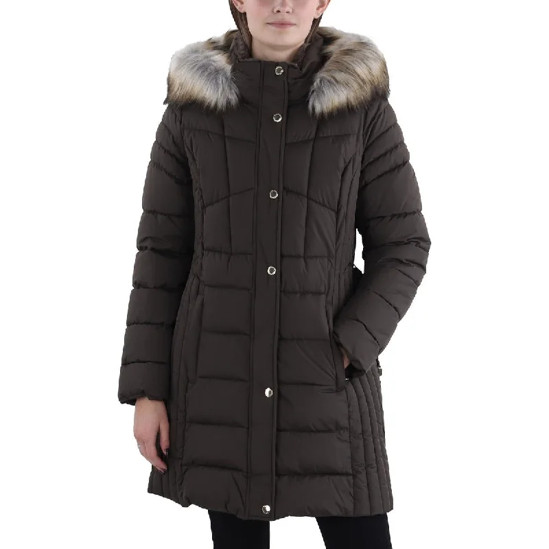 Womens Faux Fur Trim Hooded Puffer Jacket Zip Front Button Front Snap Front