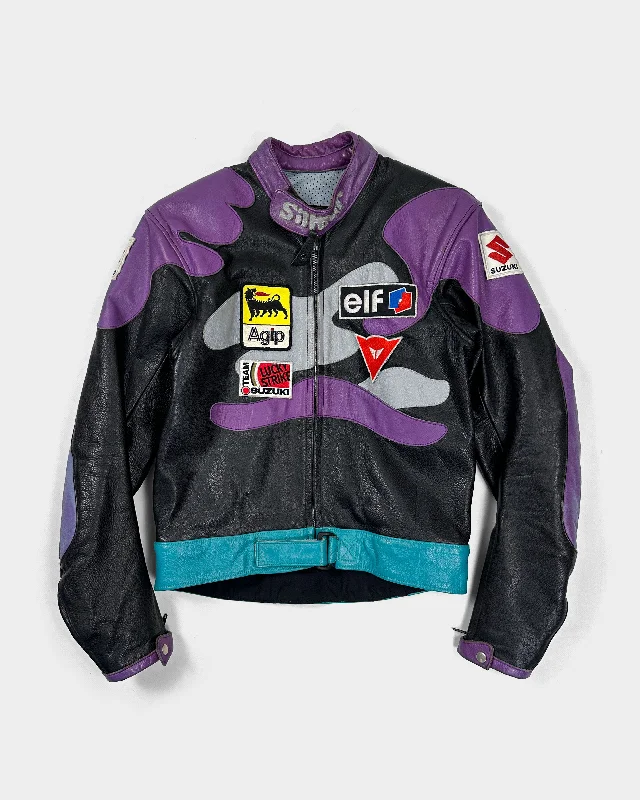 Suzuki Tri-color Leather Racing Jacket 1990's Bomber Jacket Anorak Windbreaker