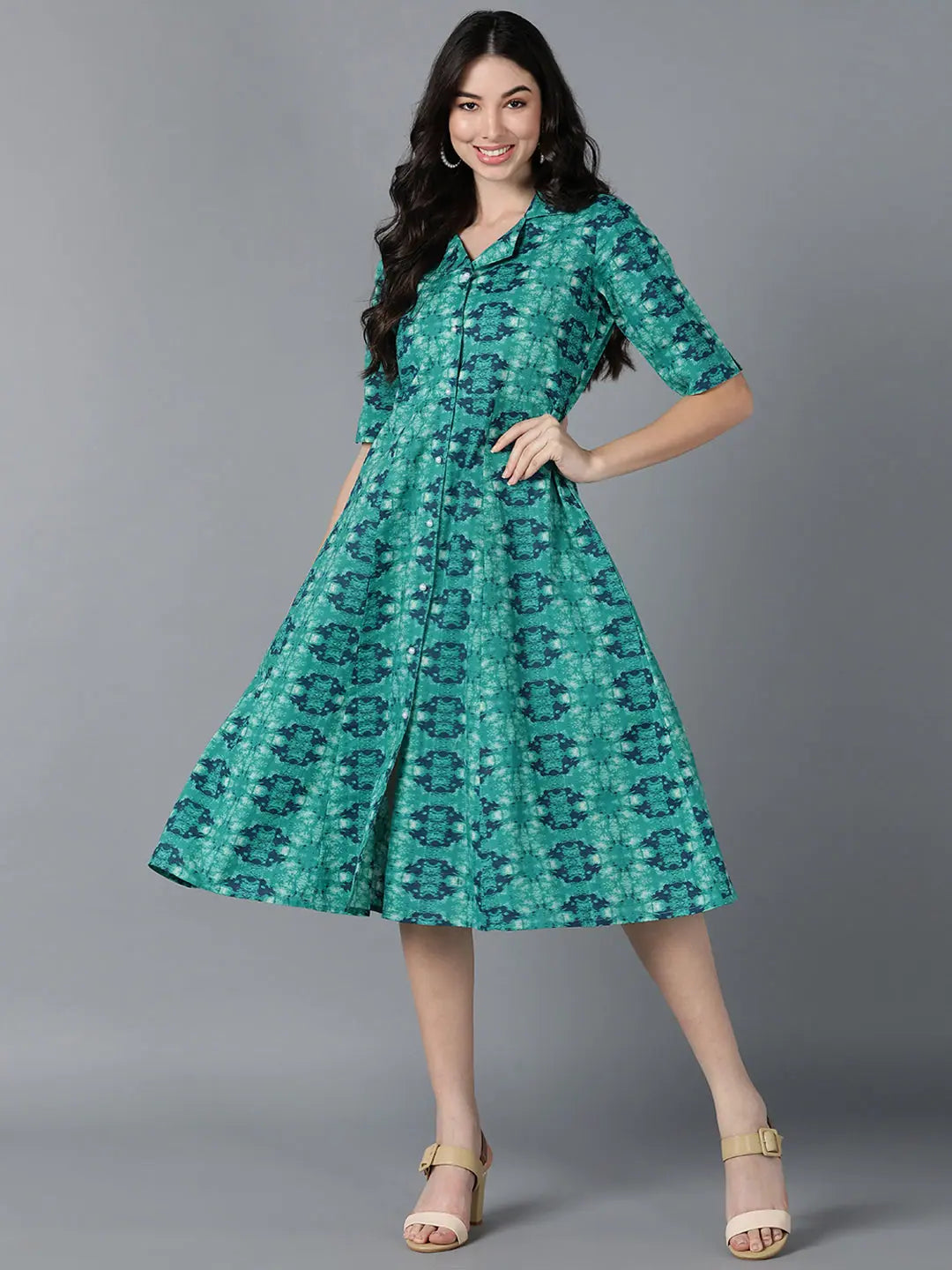 Ahika Women Teal Cotton Printed Dresses
